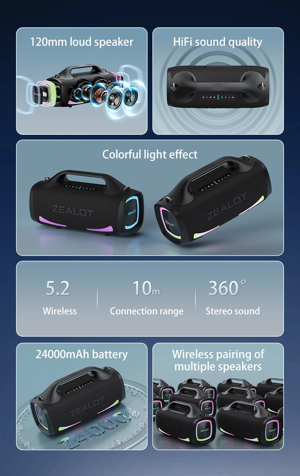 Zealot S79 100W Wireless speaker, Outdoor Portable Subwoofer Speaker, Hifi Sound quality,Dual Pairing, Fast Charging,24000mAh.