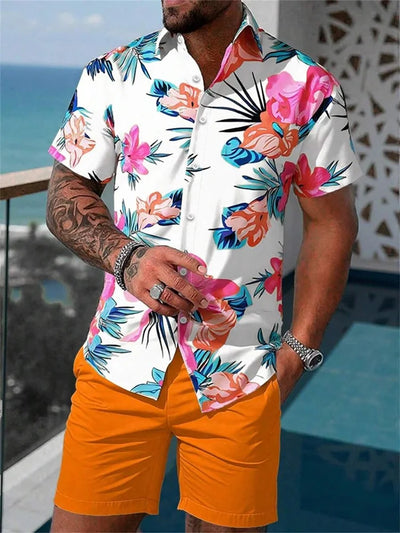 2025 Men's Short-sleeved Shirt Set With Blue Retro Pattern Print For Casual, Fashionable And Daily Summer Vacation