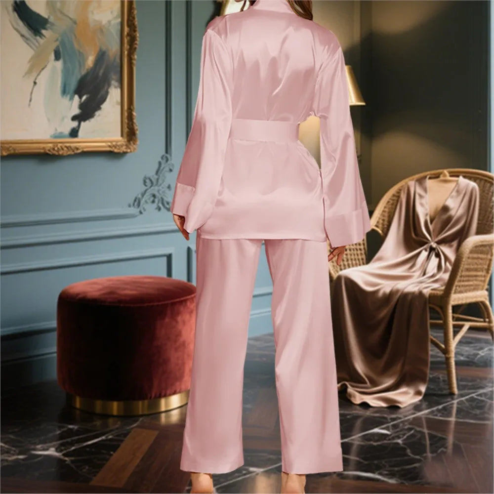 2-piece Set Fashion Pink Elegant Long-sleeved Lace-up Home Wear For Women's Spring Autumn New Casual Loose Trousers Female 2025