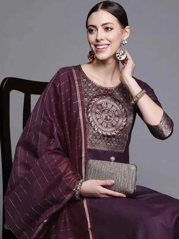 Traditional Indian Clothing 3-piece Jacquard Set And A Medium Length Cotton Blend Set In Purple Indian Saree Indian Sari