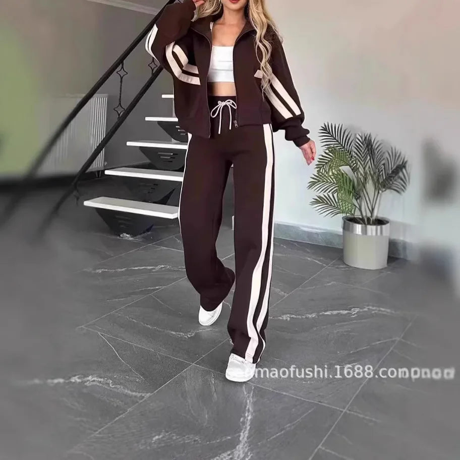 Striped Zipper Coat+sweatpants 2 Piece Set Women Spring Casual Batwing Sleeve Sports Jacket Outfits White Sweatshirt Suit
