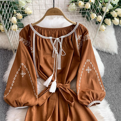 Retro Ethnic Sle Embroidered A-Line Long Dr Women's round Ne Lantern Sve Dr Slimming High Waist Korean Sle
