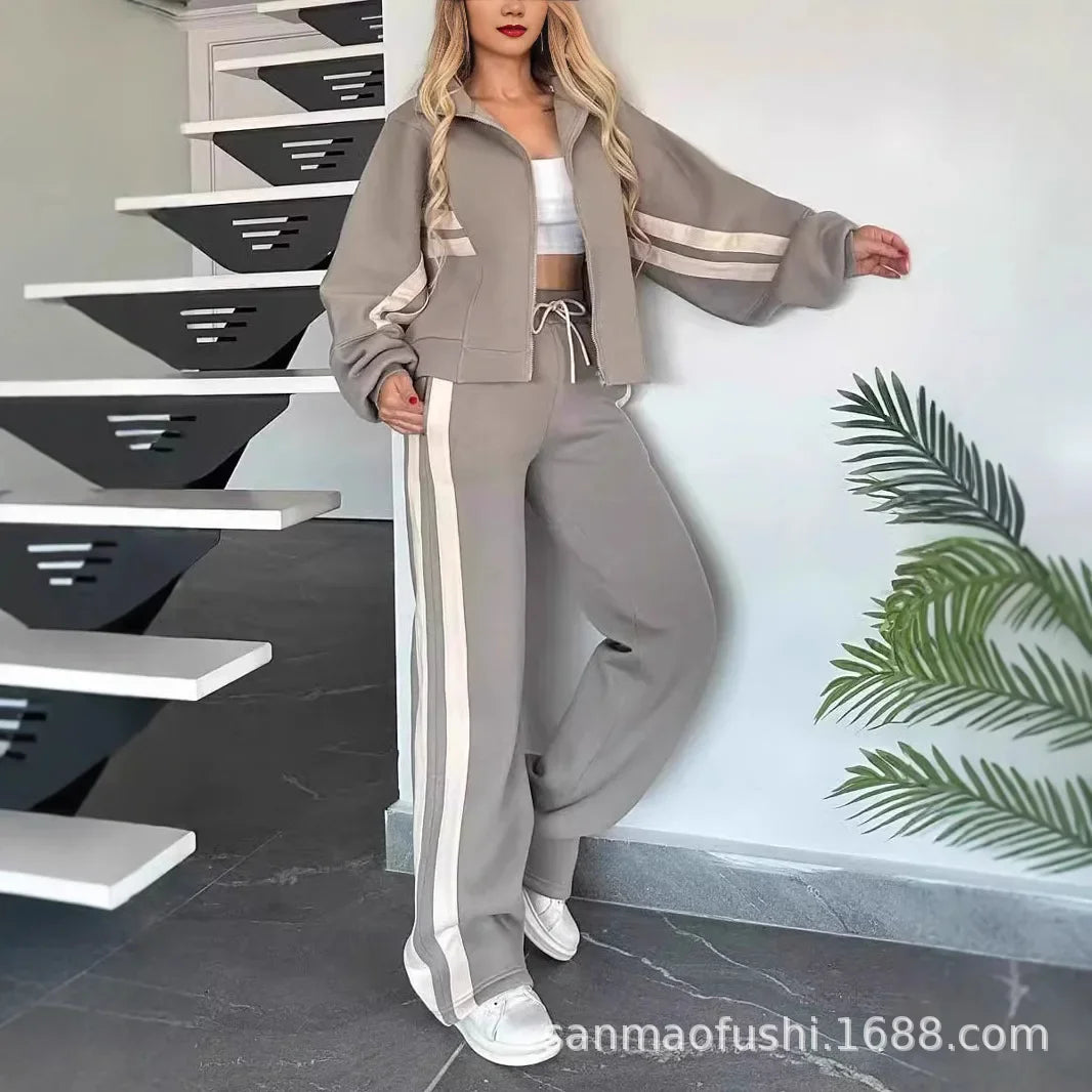 Striped Zipper Coat+sweatpants 2 Piece Set Women Spring Casual Batwing Sleeve Sports Jacket Outfits White Sweatshirt Suit