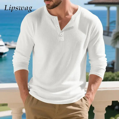 Stylish Men's Long Sleeve Henley Shirts Spring Autumn Daily Casual Solid Color Pullover Tops Mens Fashion Texture Ribbed T Shirt