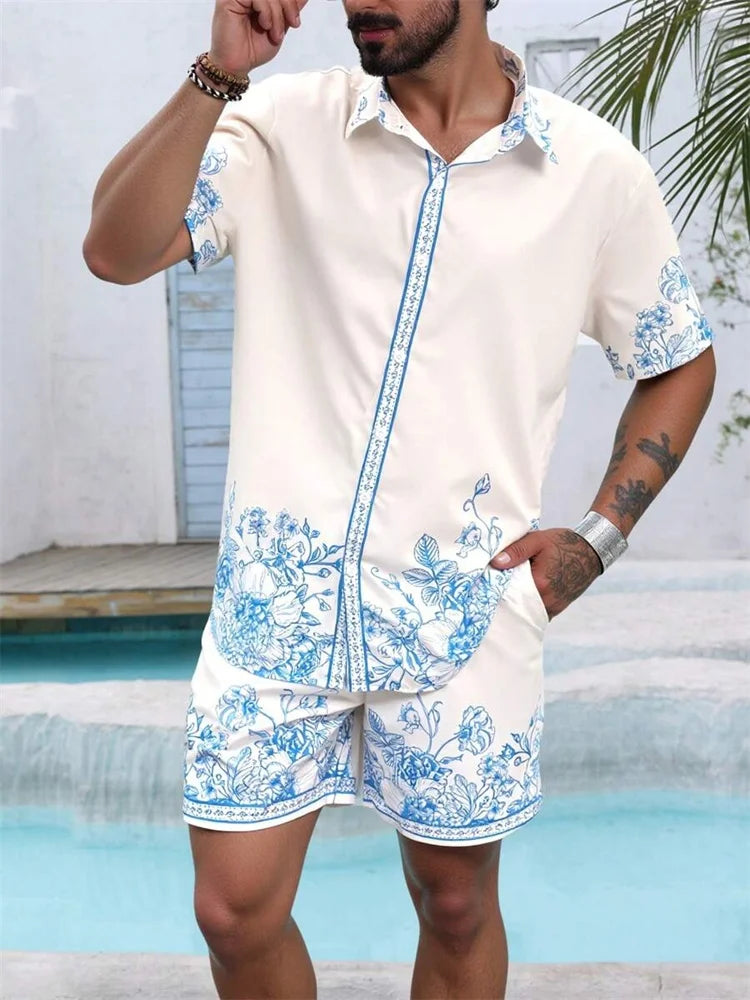 2025 Men's Short-sleeved Shirt Set With Blue Retro Pattern Print For Casual, Fashionable And Daily Summer Vacation