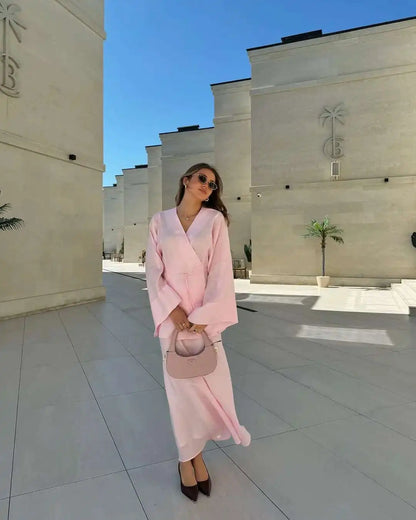 Women's Clothing 2025 Summer New Solid Color V-neck Tie Long Sleeve Cardigan High Waist Skirt Set