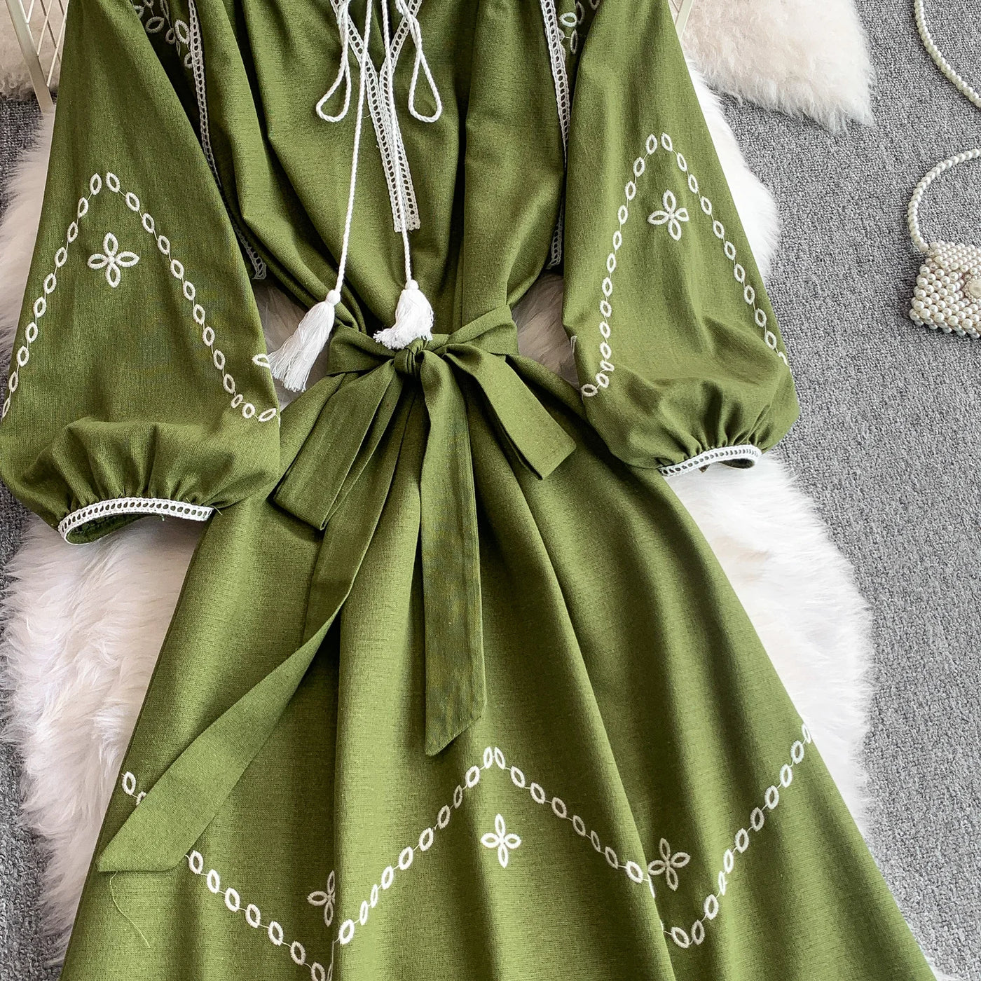 Retro Ethnic Sle Embroidered A-Line Long Dr Women's round Ne Lantern Sve Dr Slimming High Waist Korean Sle