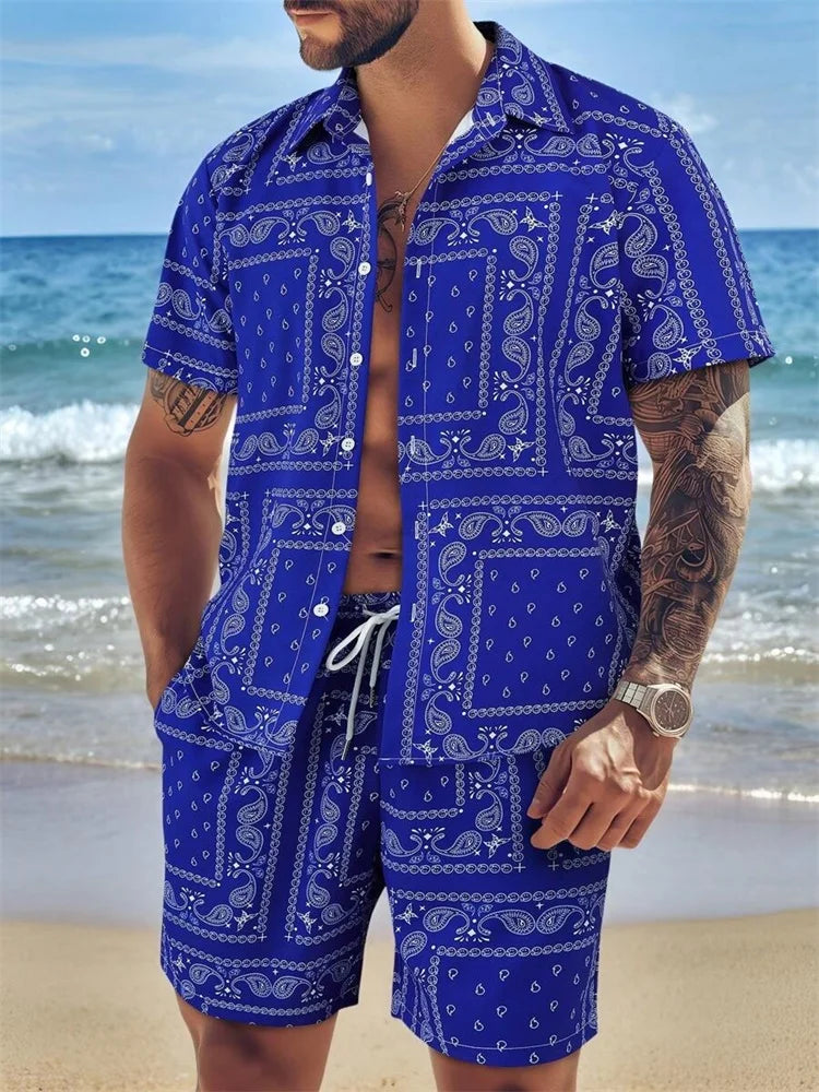 2025 Men's Short-sleeved Shirt Set With Blue Retro Pattern Print For Casual, Fashionable And Daily Summer Vacation