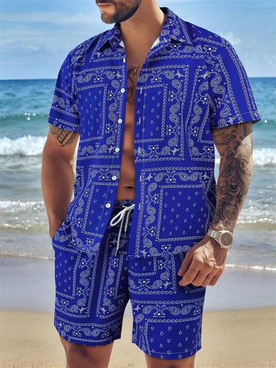 2025 Men's Short-sleeved Shirt Set With Blue Retro Pattern Print For Casual, Fashionable And Daily Summer Vacation