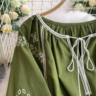 Retro Ethnic Sle Embroidered A-Line Long Dr Women's round Ne Lantern Sve Dr Slimming High Waist Korean Sle