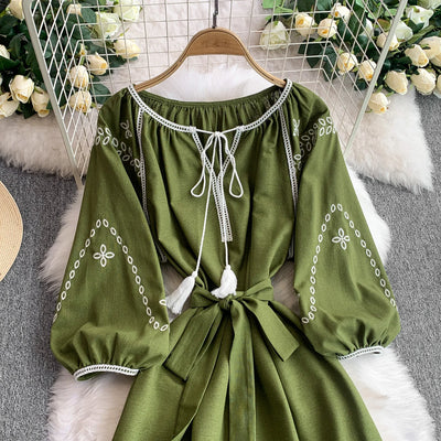 Retro Ethnic Sle Embroidered A-Line Long Dr Women's round Ne Lantern Sve Dr Slimming High Waist Korean Sle