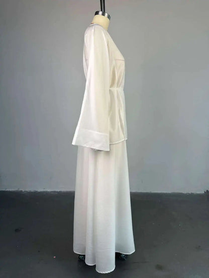 Women's Clothing 2025 Summer New Solid Color V-neck Tie Long Sleeve Cardigan High Waist Skirt Set