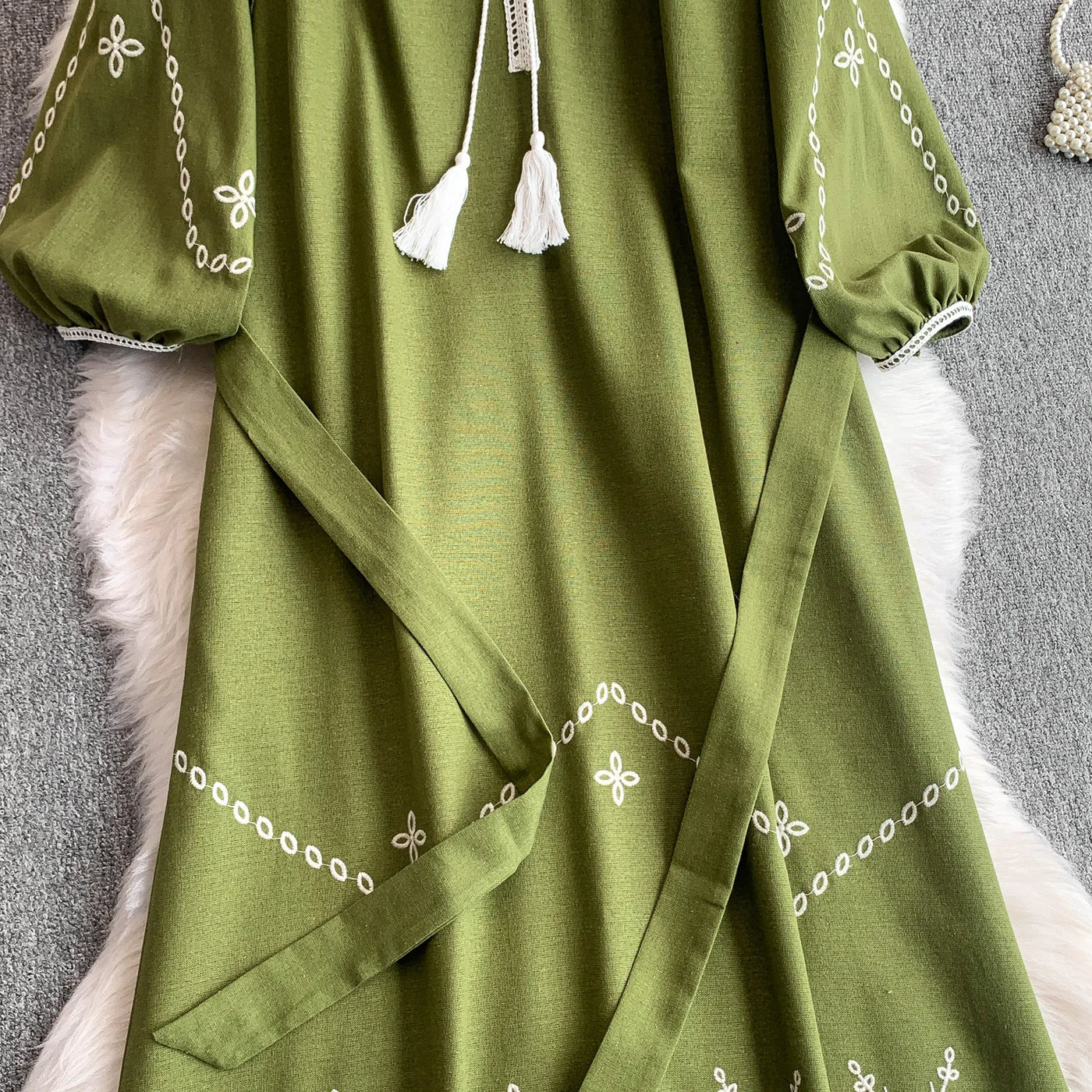 Retro Ethnic Sle Embroidered A-Line Long Dr Women's round Ne Lantern Sve Dr Slimming High Waist Korean Sle