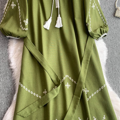 Retro Ethnic Sle Embroidered A-Line Long Dr Women's round Ne Lantern Sve Dr Slimming High Waist Korean Sle