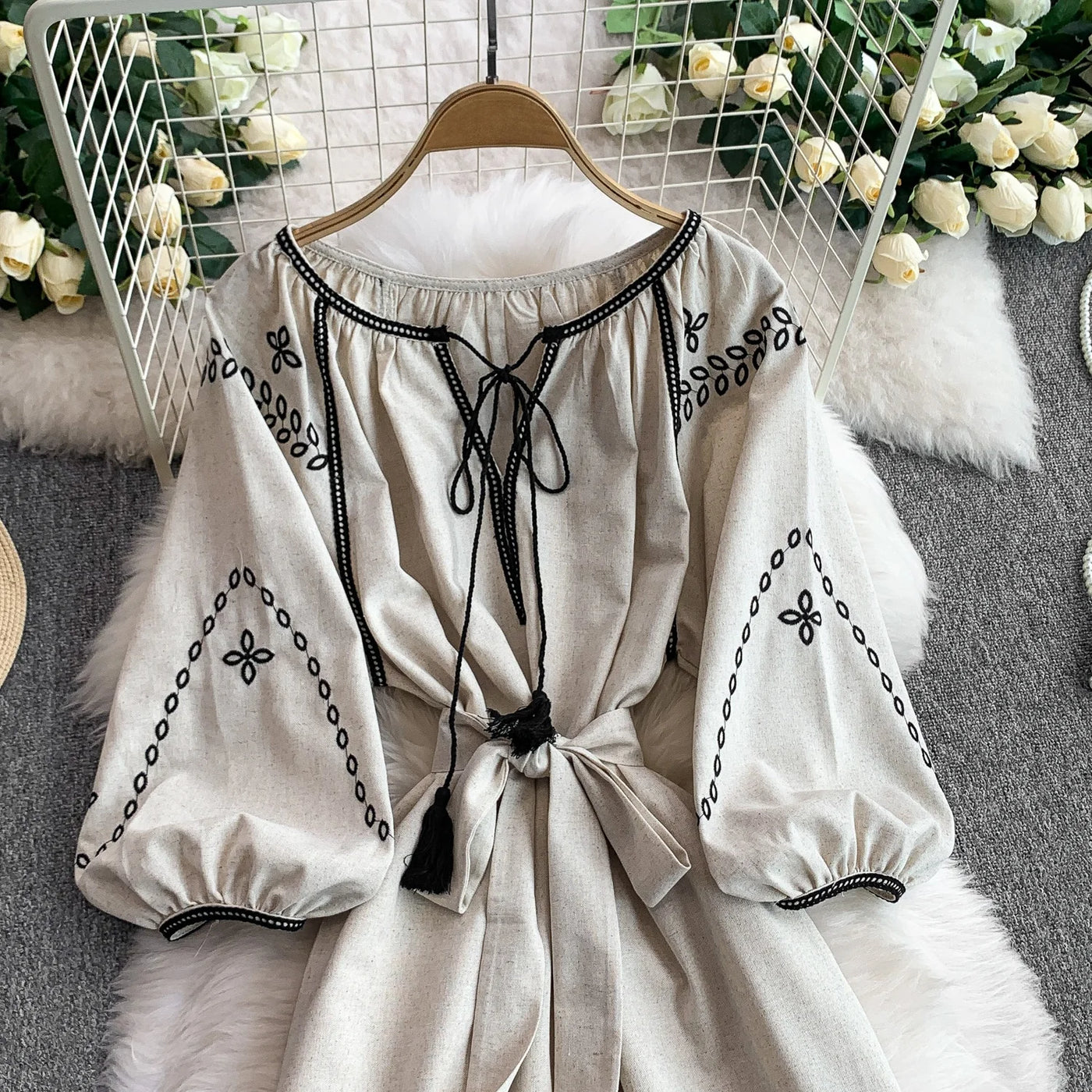 Retro Ethnic Sle Embroidered A-Line Long Dr Women's round Ne Lantern Sve Dr Slimming High Waist Korean Sle