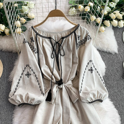 Retro Ethnic Sle Embroidered A-Line Long Dr Women's round Ne Lantern Sve Dr Slimming High Waist Korean Sle