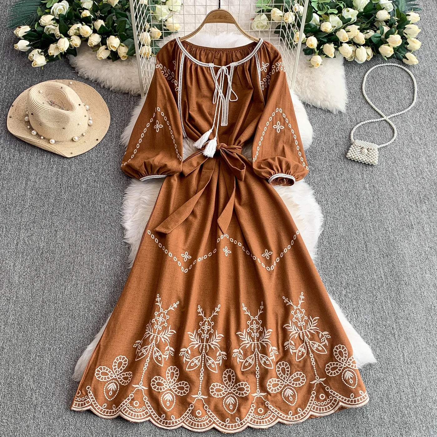Retro Ethnic Sle Embroidered A-Line Long Dr Women's round Ne Lantern Sve Dr Slimming High Waist Korean Sle