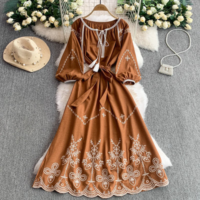 Retro Ethnic Sle Embroidered A-Line Long Dr Women's round Ne Lantern Sve Dr Slimming High Waist Korean Sle
