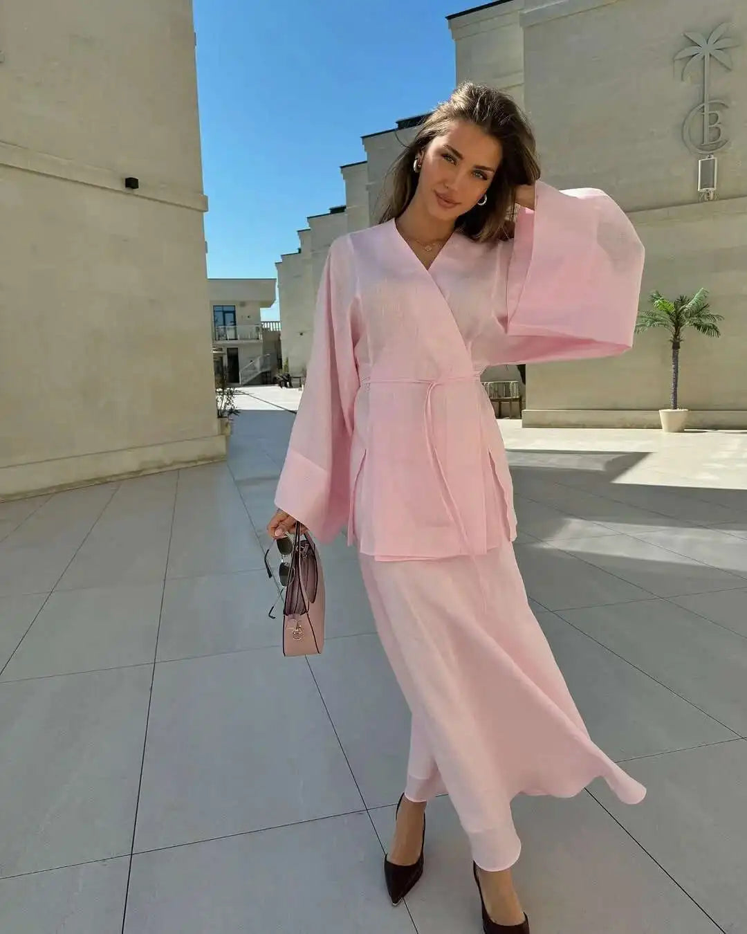 Women's Clothing 2025 Summer New Solid Color V-neck Tie Long Sleeve Cardigan High Waist Skirt Set