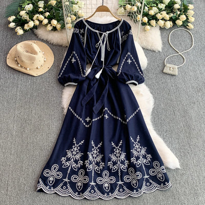 Retro Ethnic Sle Embroidered A-Line Long Dr Women's round Ne Lantern Sve Dr Slimming High Waist Korean Sle