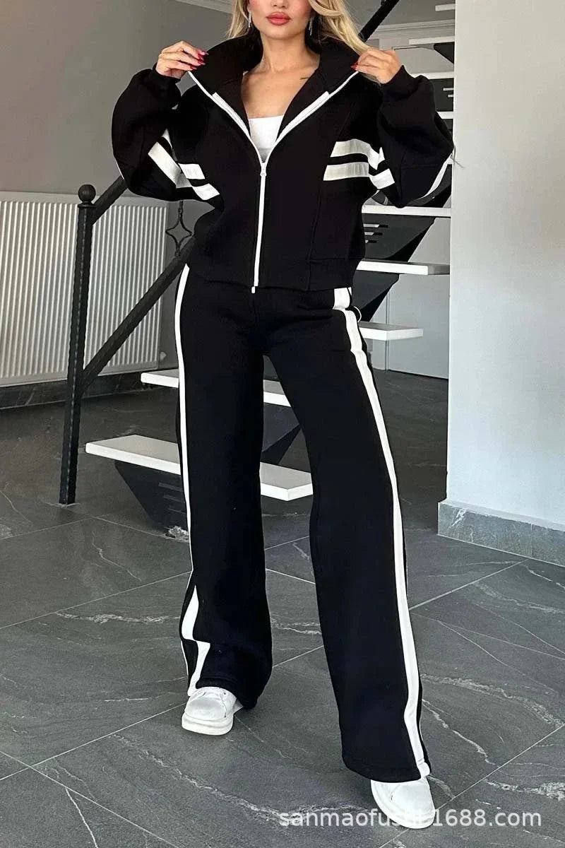 Striped Zipper Coat+sweatpants 2 Piece Set Women Spring Casual Batwing Sleeve Sports Jacket Outfits White Sweatshirt Suit