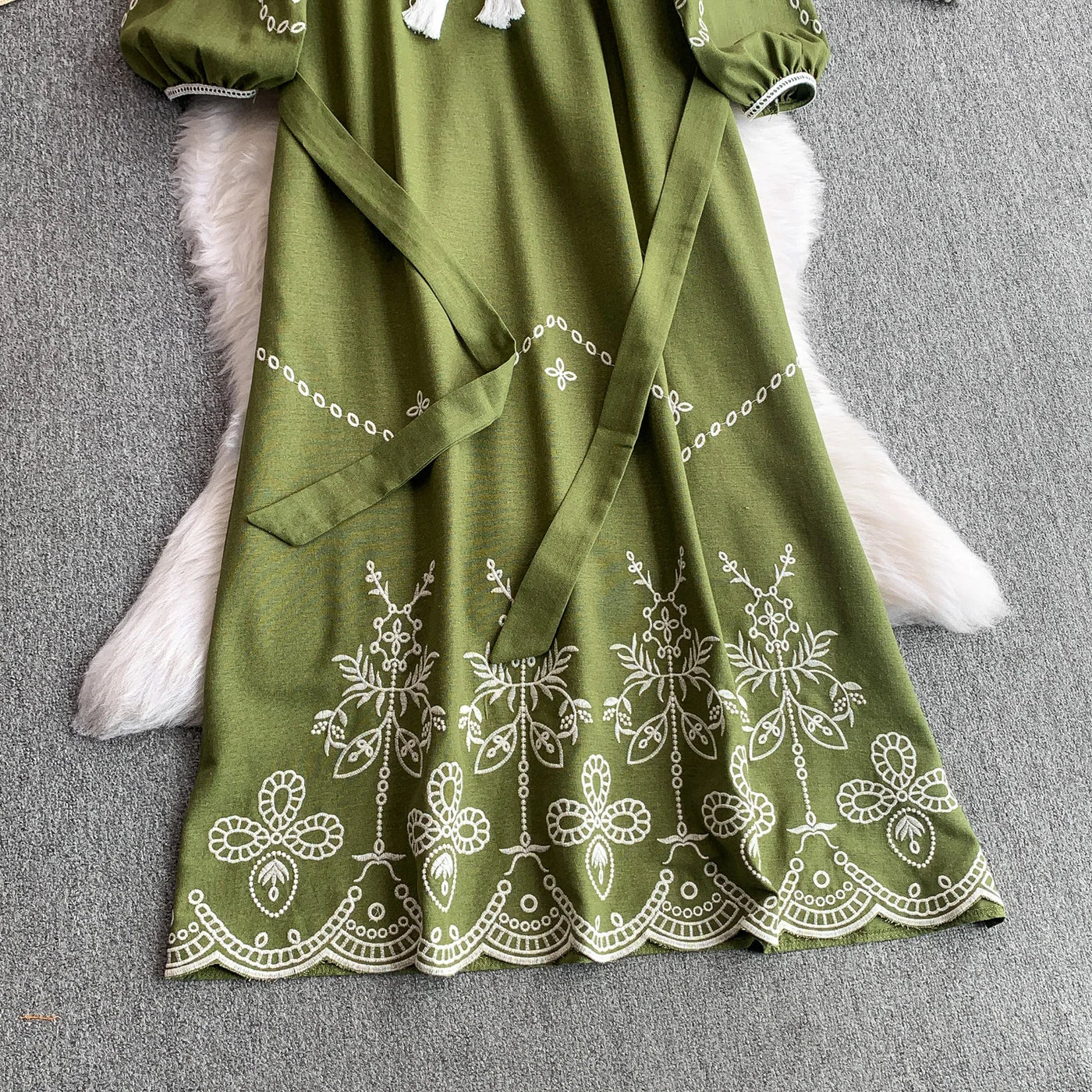Retro Ethnic Sle Embroidered A-Line Long Dr Women's round Ne Lantern Sve Dr Slimming High Waist Korean Sle