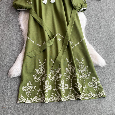 Retro Ethnic Sle Embroidered A-Line Long Dr Women's round Ne Lantern Sve Dr Slimming High Waist Korean Sle