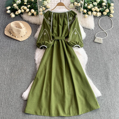 Retro Ethnic Sle Embroidered A-Line Long Dr Women's round Ne Lantern Sve Dr Slimming High Waist Korean Sle