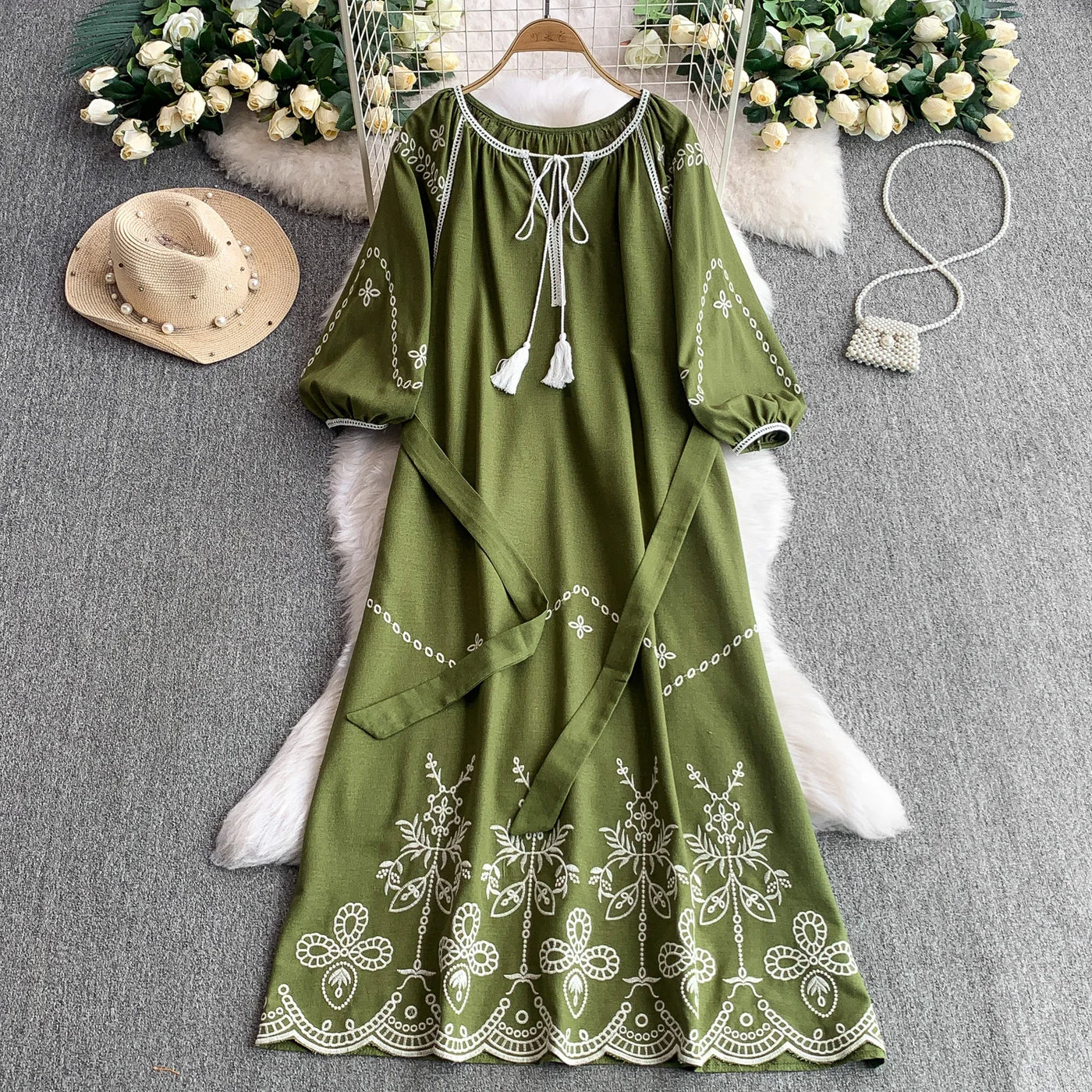 Retro Ethnic Sle Embroidered A-Line Long Dr Women's round Ne Lantern Sve Dr Slimming High Waist Korean Sle