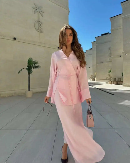 Women's Clothing 2025 Summer New Solid Color V-neck Tie Long Sleeve Cardigan High Waist Skirt Set