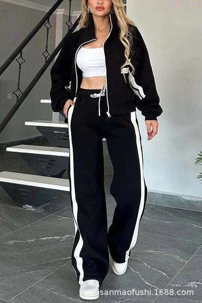 Striped Zipper Coat+sweatpants 2 Piece Set Women Spring Casual Batwing Sleeve Sports Jacket Outfits White Sweatshirt Suit
