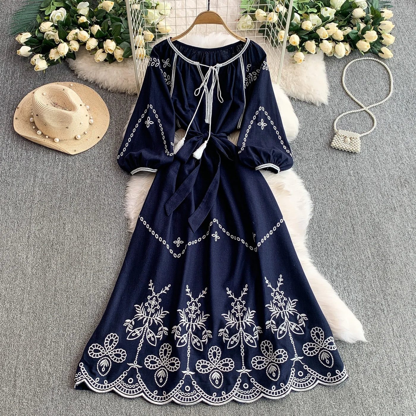 Retro Ethnic Sle Embroidered A-Line Long Dr Women's round Ne Lantern Sve Dr Slimming High Waist Korean Sle