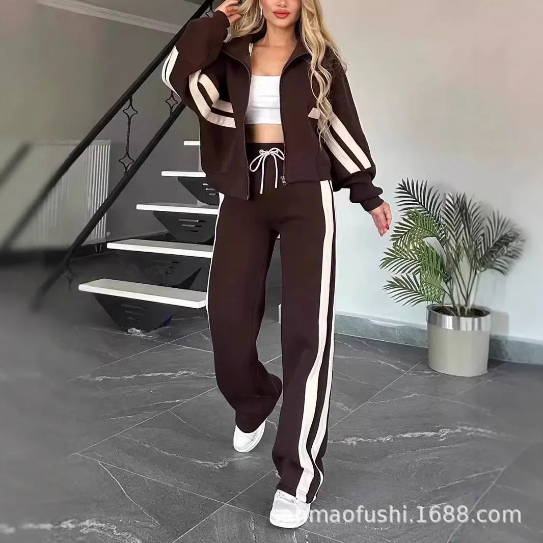 Striped Zipper Coat+sweatpants 2 Piece Set Women Spring Casual Batwing Sleeve Sports Jacket Outfits White Sweatshirt Suit