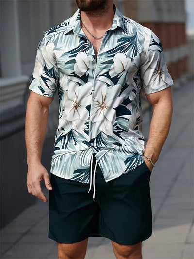 2025 Men's Short-sleeved Shirt Set With Blue Retro Pattern Print For Casual, Fashionable And Daily Summer Vacation