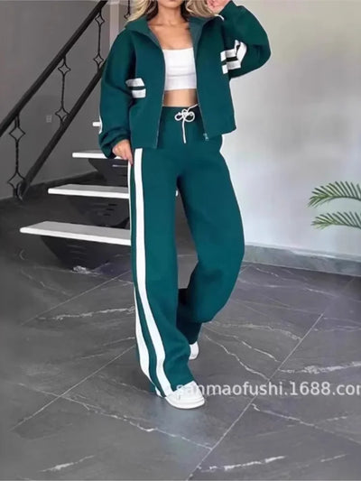 Striped Zipper Coat+sweatpants 2 Piece Set Women Spring Casual Batwing Sleeve Sports Jacket Outfits White Sweatshirt Suit