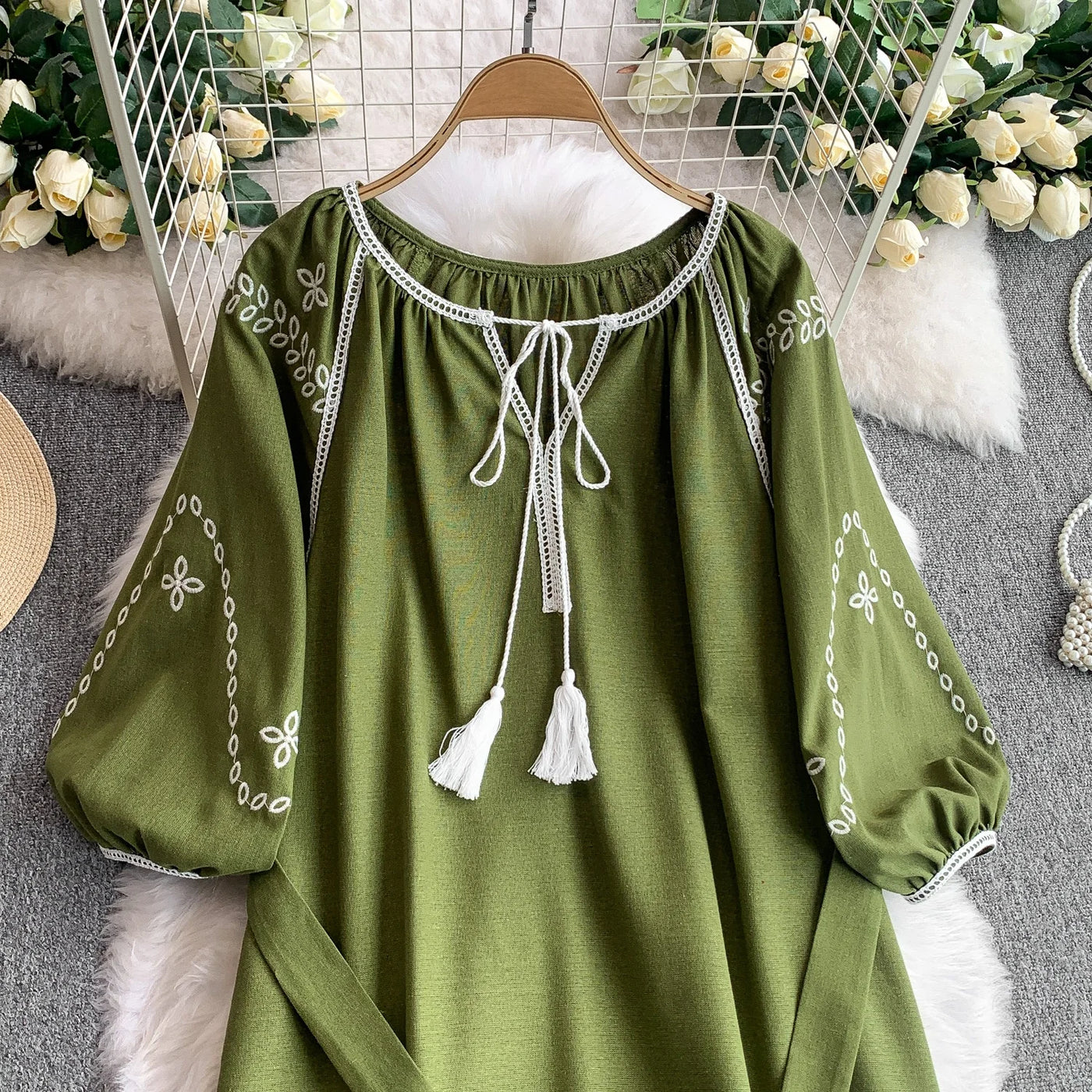 Retro Ethnic Sle Embroidered A-Line Long Dr Women's round Ne Lantern Sve Dr Slimming High Waist Korean Sle