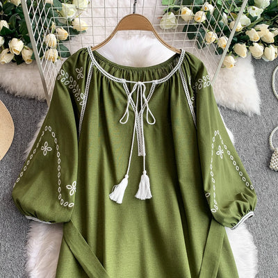 Retro Ethnic Sle Embroidered A-Line Long Dr Women's round Ne Lantern Sve Dr Slimming High Waist Korean Sle