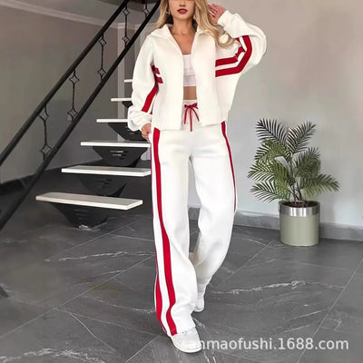 Striped Zipper Coat+sweatpants 2 Piece Set Women Spring Casual Batwing Sleeve Sports Jacket Outfits White Sweatshirt Suit