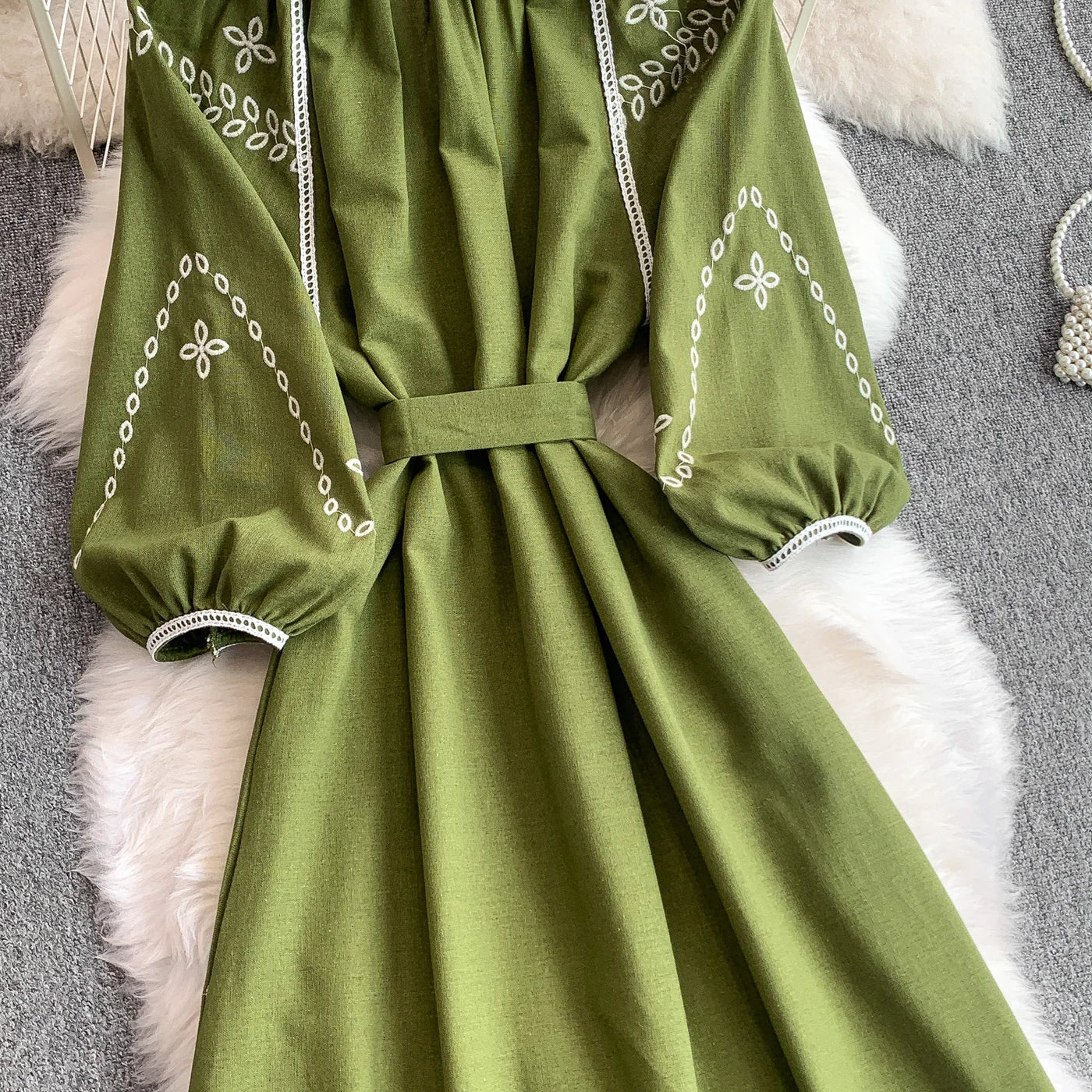 Retro Ethnic Sle Embroidered A-Line Long Dr Women's round Ne Lantern Sve Dr Slimming High Waist Korean Sle