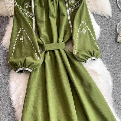 Retro Ethnic Sle Embroidered A-Line Long Dr Women's round Ne Lantern Sve Dr Slimming High Waist Korean Sle