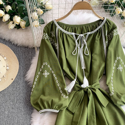 Retro Ethnic Sle Embroidered A-Line Long Dr Women's round Ne Lantern Sve Dr Slimming High Waist Korean Sle