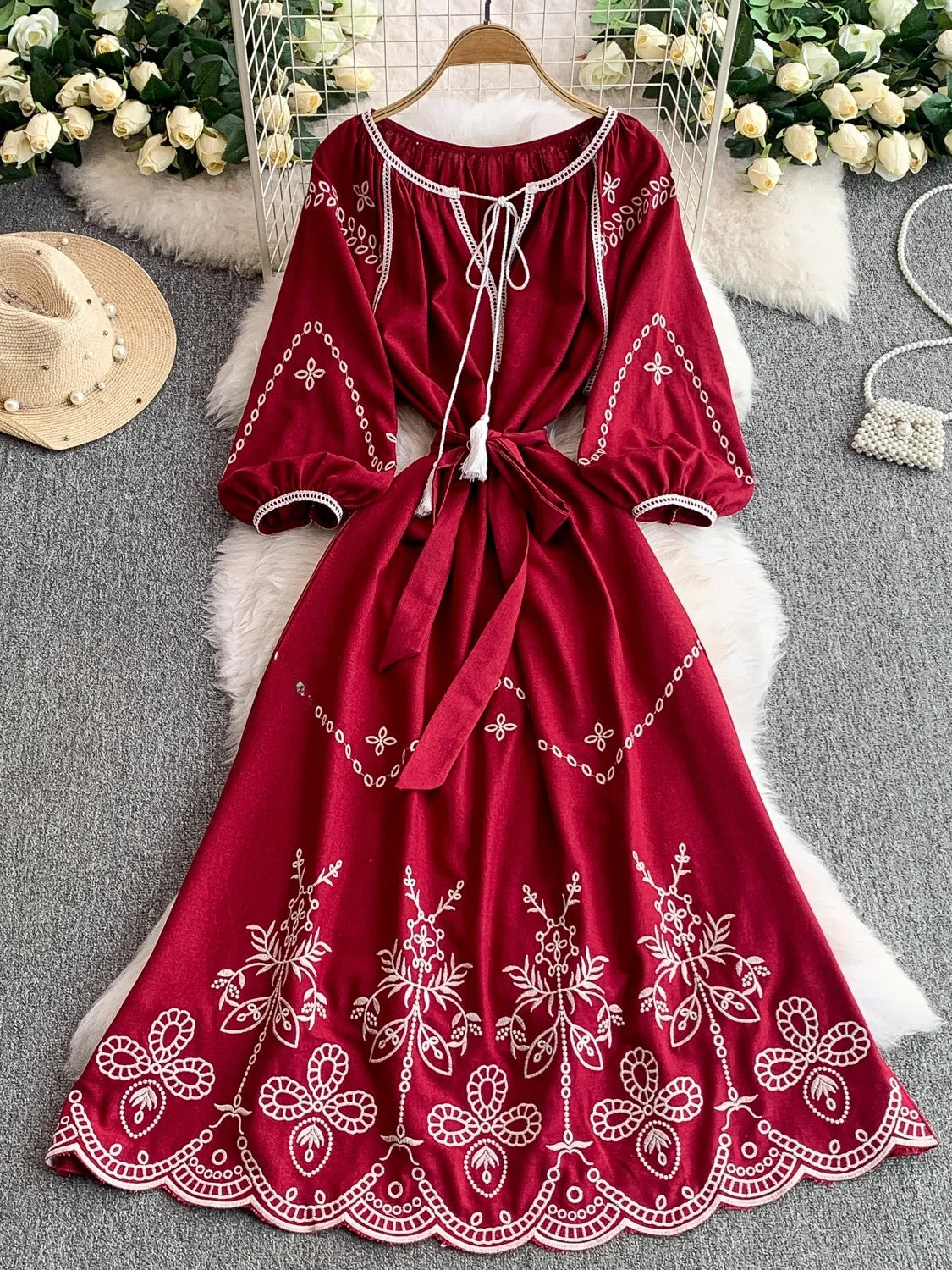 Retro Ethnic Sle Embroidered A-Line Long Dr Women's round Ne Lantern Sve Dr Slimming High Waist Korean Sle