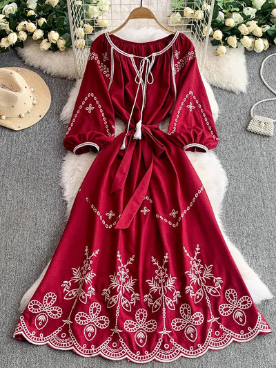Retro Ethnic Sle Embroidered A-Line Long Dr Women's round Ne Lantern Sve Dr Slimming High Waist Korean Sle