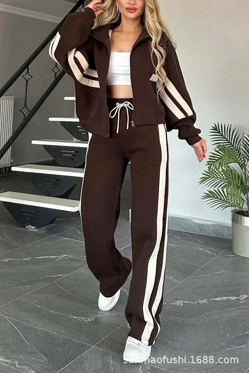 Striped Zipper Coat+sweatpants 2 Piece Set Women Spring Casual Batwing Sleeve Sports Jacket Outfits White Sweatshirt Suit
