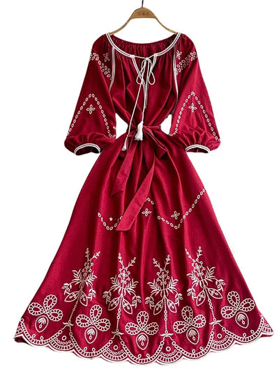 Retro Ethnic Sle Embroidered A-Line Long Dr Women's round Ne Lantern Sve Dr Slimming High Waist Korean Sle