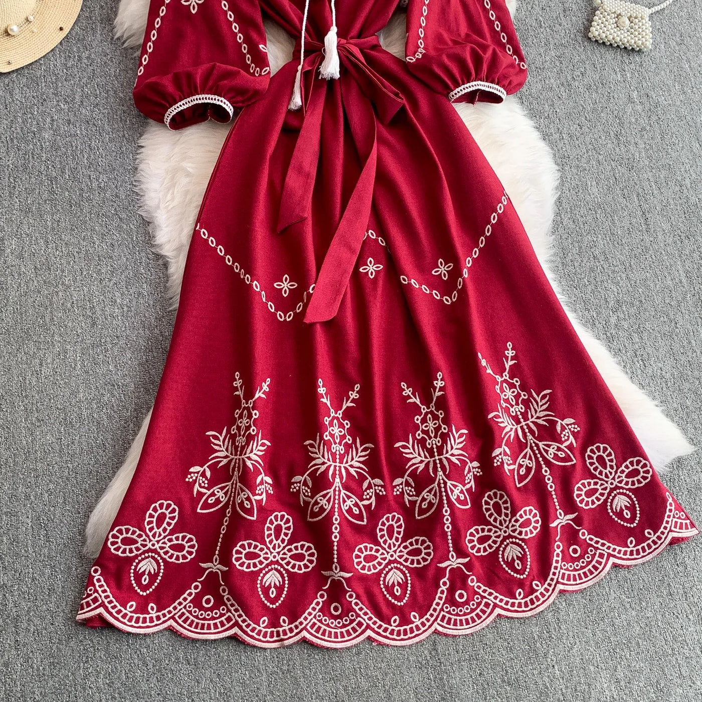 Retro Ethnic Sle Embroidered A-Line Long Dr Women's round Ne Lantern Sve Dr Slimming High Waist Korean Sle