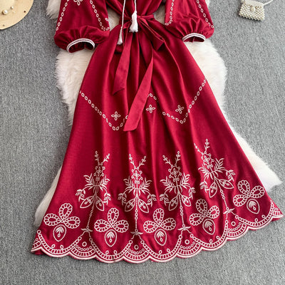 Retro Ethnic Sle Embroidered A-Line Long Dr Women's round Ne Lantern Sve Dr Slimming High Waist Korean Sle