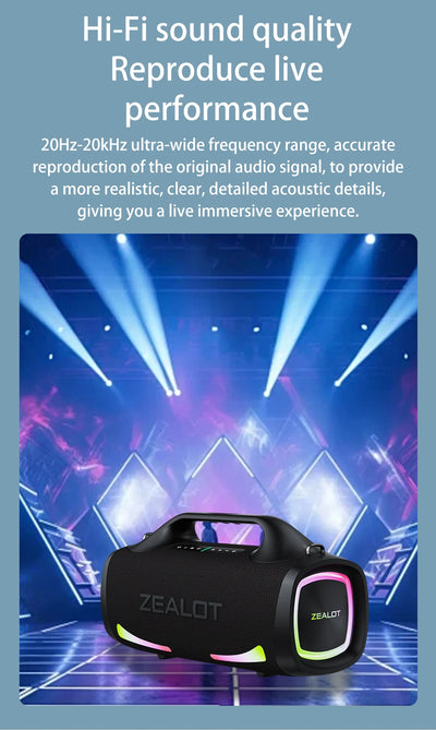 Zealot S79 100W Wireless speaker, Outdoor Portable Subwoofer Speaker, Hifi Sound quality,Dual Pairing, Fast Charging,24000mAh.