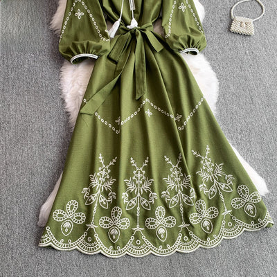Retro Ethnic Sle Embroidered A-Line Long Dr Women's round Ne Lantern Sve Dr Slimming High Waist Korean Sle