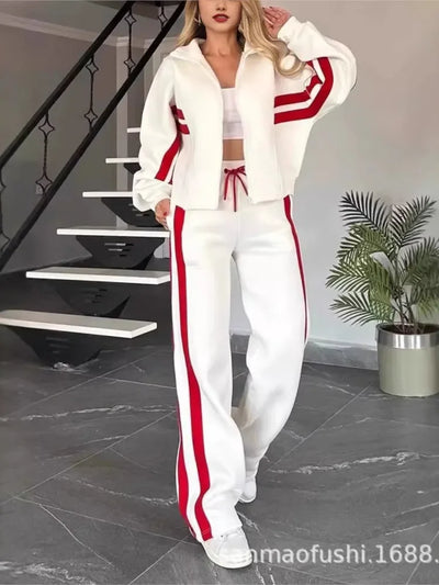 Striped Zipper Coat+sweatpants 2 Piece Set Women Spring Casual Batwing Sleeve Sports Jacket Outfits White Sweatshirt Suit